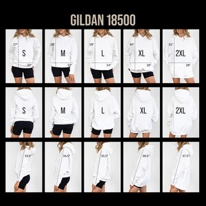 Pu&ograve; includere: Una tabella delle taglie per la felpa con cappuccio bianca Gildan 18500 che mostra viste frontali, posteriori e laterali per le taglie S, M, L, XL e 2XL. L'immagine include misure stampate in pollici, con lunghezze da 27 a 37,5 pollici.