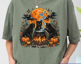 Comfort Colors® Witches Cat Coven Shirt, Vintage Halloween Goth Gift, Spooky Pumpkin Tee, Mystical Black Cat Tshirt, Jack o Lantern Top