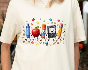 Custom Back To School Shirt, Preschool Teacher Tee, Happy Supply Squad, Cute School Gift, Crayon Apple Pencil Notebook Shirt