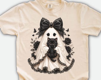 Black Cat and Lace Pattern Ghost Shirt, Cat Lower Halloween Gifts, Gothic Halloween T-Shirt, Spooky Season Cat Tee