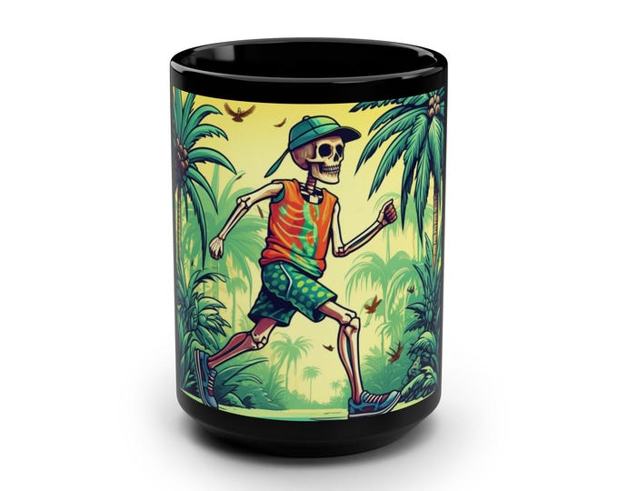 Tropical Skeleton Mug - Fun Black 15oz Coffee Cup for Beach Lovers, Great for Summer, Running Enthusiasts, Gifts