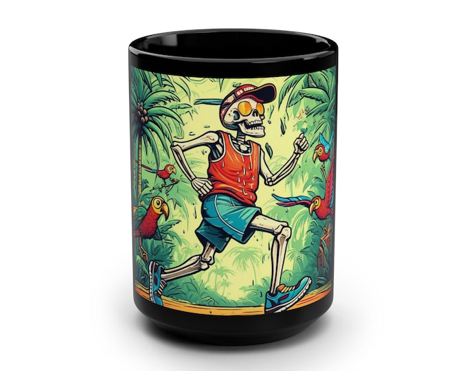Skeleton Runner Mug, Vibrant Parrot Design, Fun Gift for Fitness Lovers, Coffee Cup for Summer, Tropical Mug, Runner