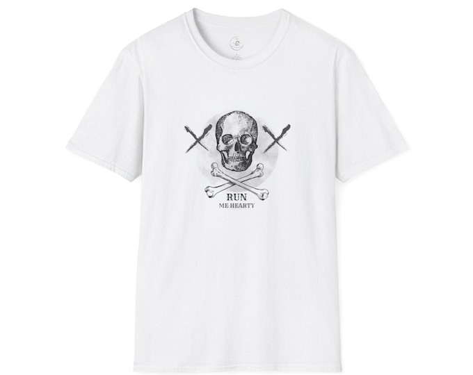 Pirate Running Unisex Softstyle T-Shirt, Skull and Cross Bones Tee, Run Me Hearty Design, Workout Shirt, Funny Graphic Tee, Pirate Costume