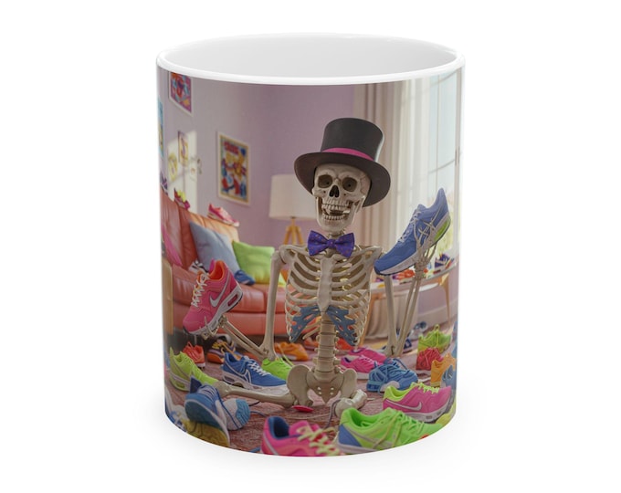 Skeleton Shoe Party Ceramic Mug - Fun Gift for Shoe Lovers, Running, Quirky Decor, Unique Collector's Item, Birthday Present