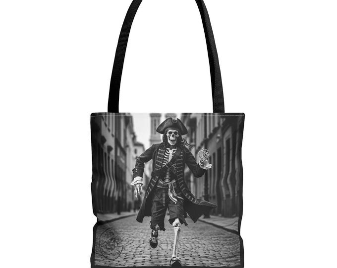 Whimsical Running Pirate Skeleton Tote Bag, Perfect for Halloween, Festival Gear, Eco-Friendly Shopping, Fun Gift Idea