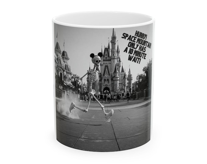 Whimsical Skeleton Running Mug - Fun Gift for Disney Lovers, Coffee Lovers, Space Mountain, Theme Park Visits, Quirky Home Decor