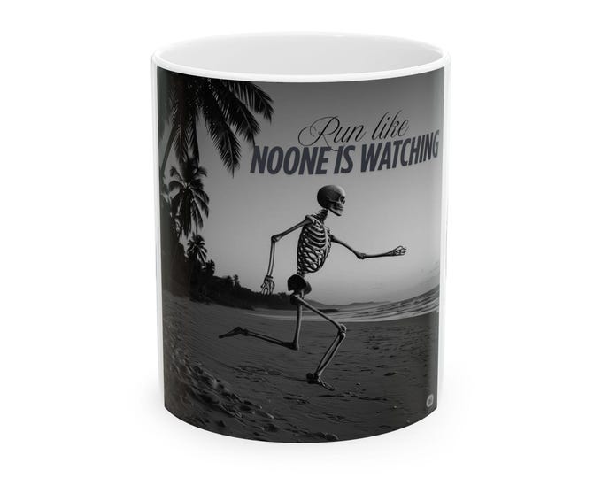 Funny Skeleton Running Mug, Unique Coffee Cup for Fitness Lovers, Running, Workout Motivation, Black and White Design