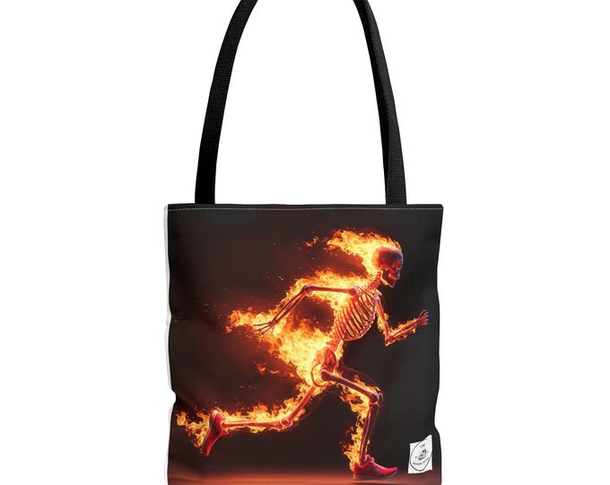 Flaming running Skeleton Tote Bag - Motivational Gym Bag, Halloween Accessory, Fire Design, Fitness Enthusiast Gift, Unique Shopping Bag