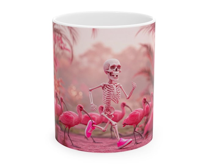 Fun Pink Ibis Skeleton Mug, Cute Pink Mug, Spooky Vibe, Fun Gift for Runners, Unique Coffee Mug, Florida Gift