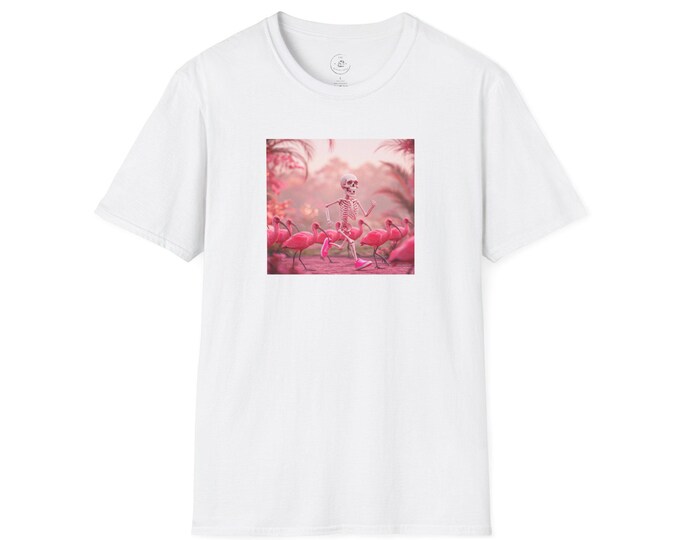 Pink Running Skeleton Unisex Softstyle T-Shirt, Skeleton Graphic Tee, Skeleton Bird Shirt, Pink Skeleton Shirt, Halloween T-Shirt