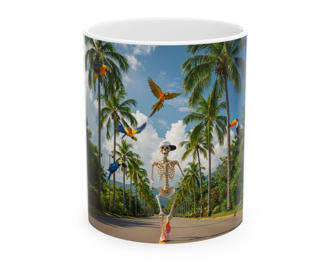 Tropical Skeleton Runner Ceramic Mug, Fun Coffee Cup, Perfect for Runners, Beach Vibes, Gifts for Friends, Home Decor