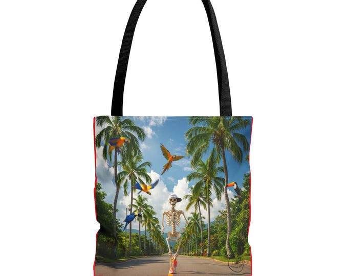 Tropical Skeleton Tote Bag, Fun Beach Accessory, Running Inspired, Unique Gift for Travelers, AOP Design with Parrots