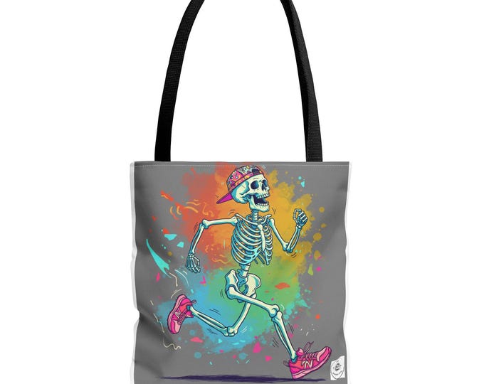 Fun Colorful Skeleton Running Tote Bag, Halloween Gift, Eco-Friendly Shopping Bag, Unique Gym Bag, Fitness Motivational Tote