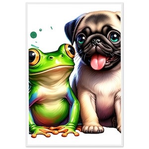 Kikker en Mopshond Franse Bulldog Puppy Poster - Grappige dierenkunst, Kawaii dierenfoto, Muurdecoratie voor kinderkamers en dierenliefhebbers, Cadeau-idee Hond