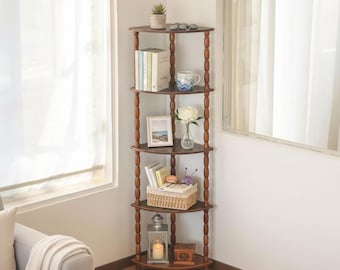 Rustic Brown 5-Tier Corner Shelf, Small Space Storage Bookshelf Organizer