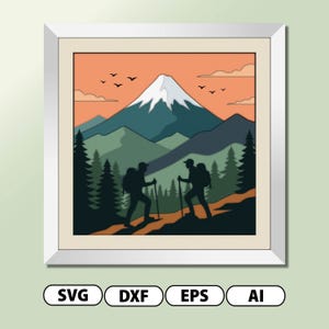 May include: A square framed digital illustration featuring a snow-capped mountain peak against an orange sky with birds. In the foreground, two dark silhouettes of hikers with backpacks and walking sticks stand on a trail amidst pine trees.