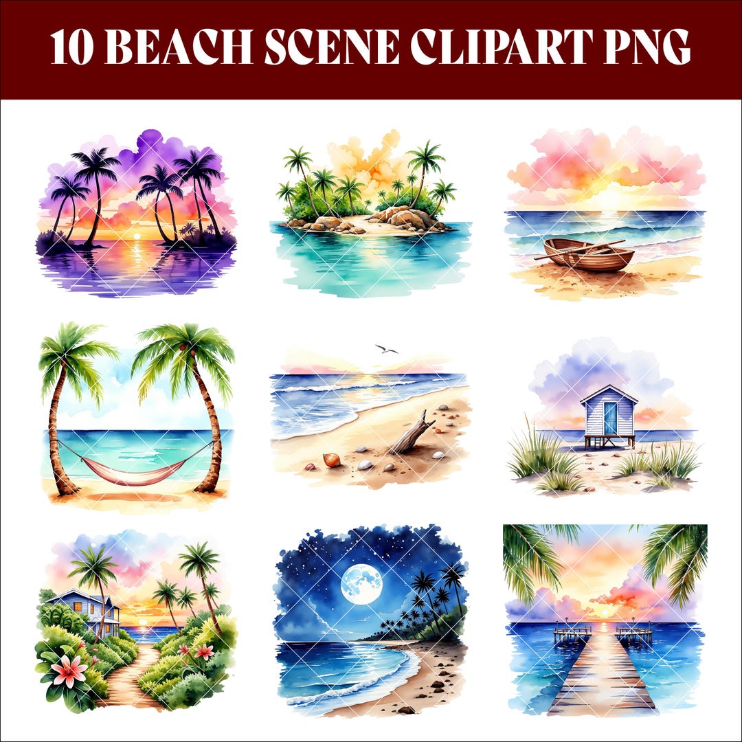 Beach Sunset Watercolor Clipart Bundle, Tropical Hut & Palm Tree Pngs ...