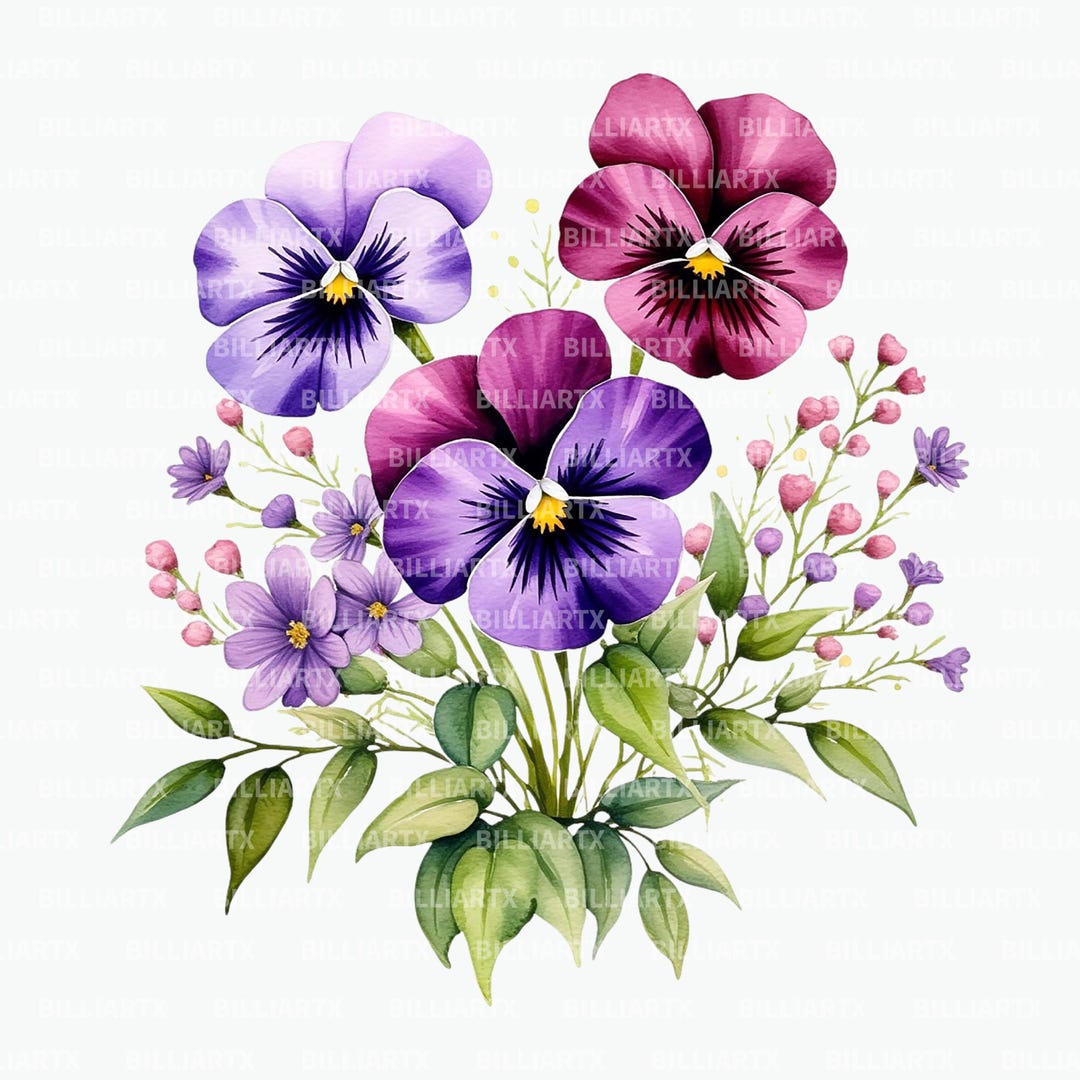 Pansy Flower Clipart PNG, Watercolor Wildflower Bouquet Set, Purple ...