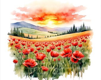 Clipart aquarel zonsondergang klaprozen, gouden uur bloemenlandschap, png (digitale download)