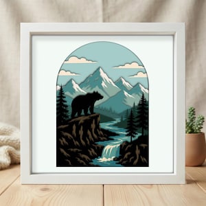 3D Bear Mountain Shadow Box SVG, Arch Wilderness Landscape Papercut, Forest River Cricut Cut-fil, Naturdekor