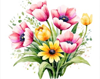 Watercolor Tulips Bouquet Clipart, Pink Yellow Floral Bundle (Digital Download)