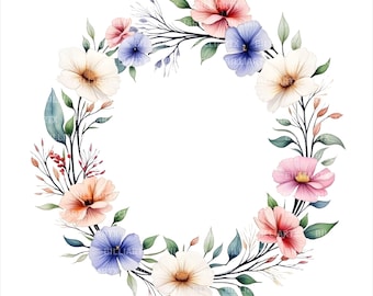 Floral Line Art Wreath Clipart, Botanical Outline Circles (Digital Download)