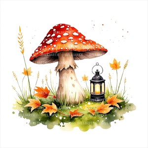 May include: Watercolor illustration of a red mushroom with white spots, surrounded by orange autumn leaves, green grass, and a black lantern. The artwork has a whimsical, fairytale aesthetic.