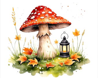10 Woodland Mushroom Watercolor PNG Bundle, Forest Fungi Clipart, Rustic Cottage core Nature Graphics, Autumn Sublimation Art