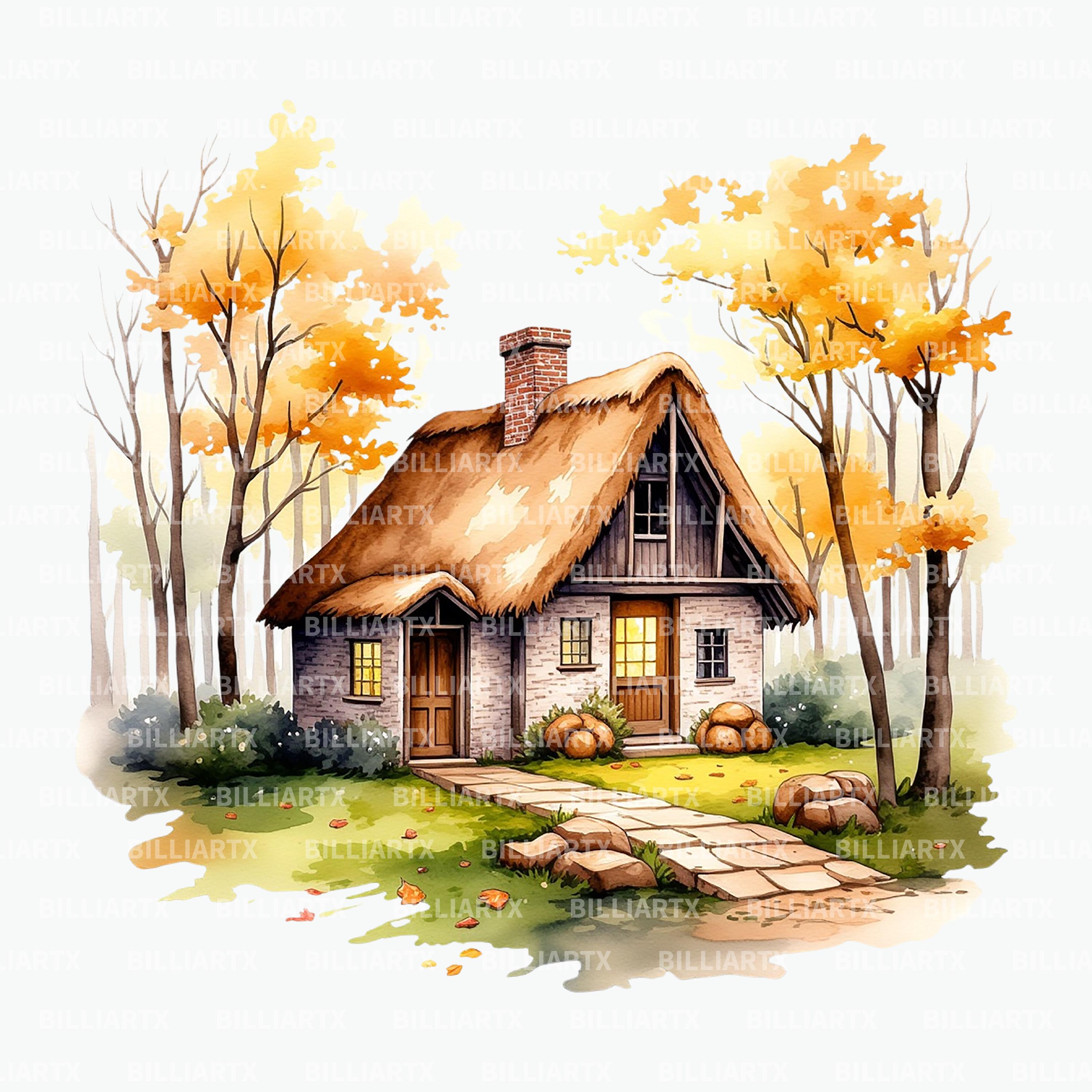 10 Autumn House Watercolor Clipart PNG JPG, Cozy Cottage & Cabin Bundle ...