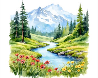 Aquarel landschap clipartbundel, 9 schilderachtige weilanden en berg-png's, wilde bloemen veldpad meer digitale download