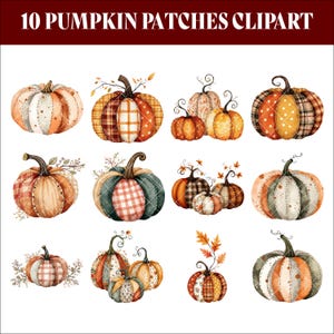 Ensemble PNG citrouille patchwork : clipart aquarelle automne rustique (téléchargement numérique)