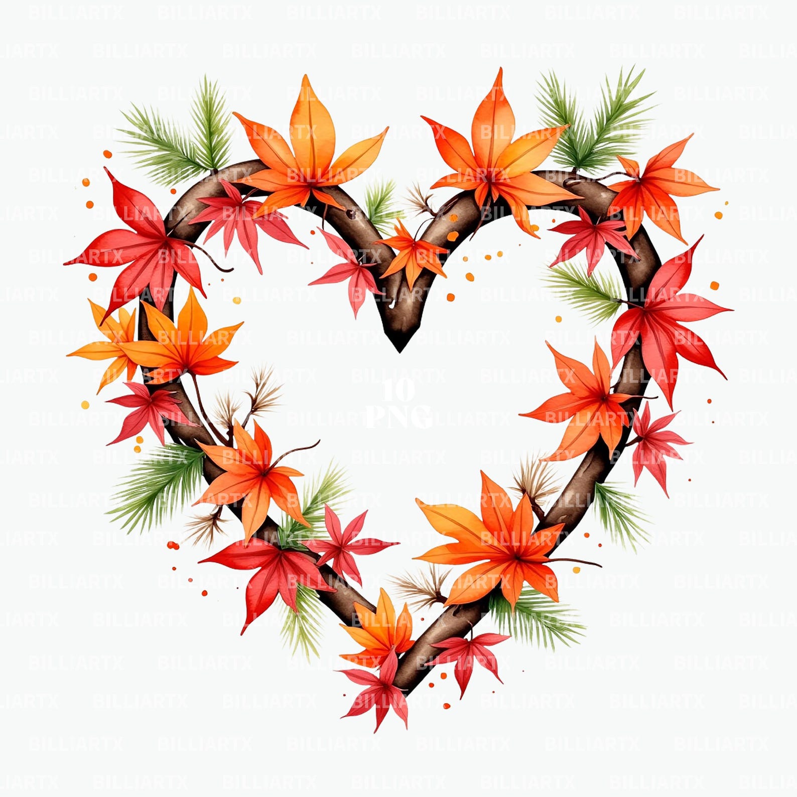 Fall Rustic Heart Heart Autumn Leaves Clipart PNG, Watercolor Fall Heart Bundle, Leaf ...