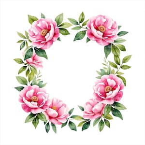 Può includere: Illustrazione ad acquerello di una ghirlanda floreale con peonie rosa e foglie verdi. I fiori hanno centri gialli e sono disposti in un motivo circolare su sfondo bianco. Adatto a varie applicazioni decorative.
