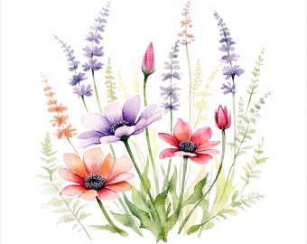 Watercolor Wildflower Clipart Bundle PNG JPG, Rustic Floral Graphics, Botanical Flower Illustration, Digital Download