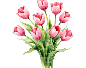 Pink Tulip Watercolor Clipart Bundle, Botanical Floral PNG (Digital Download)