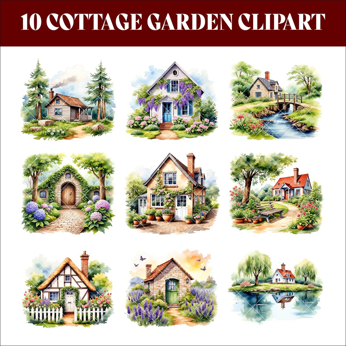 Cottage Garden Watercolor Clipart Bundle, Cozy Countryside House JPG ...