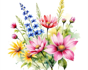 Watercolor Wildflower Clipart Bundle PNG, Rustic Floral Flower Set, Botanical Meadow Graphics, Digital Download