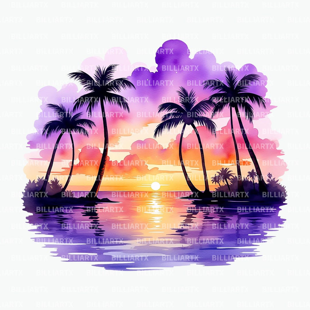 Beach Sunset Watercolor Clipart Bundle, Tropical Hut & Palm Tree Pngs ...