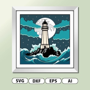 3D Lighthouse Shadow Box SVG, Ocean Wave Layered Papercut, Storm Sea Landscape Cricut File, Coastal Night Shadow Box Design