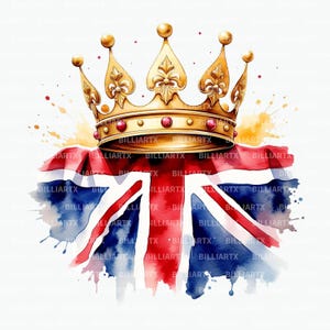 May include: A watercolor illustration of a gold crown with red jewels atop a Union Jack flag. The flag is rendered in red, white, and blue watercolor paint, with the text "BILLIARTX" subtly incorporated.