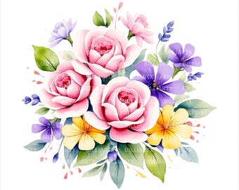 Spring Floral Bouquet Clipart PNG, Watercolor Mixed Flower Arrangement, Pastel Spring Flowers, Commercial Use