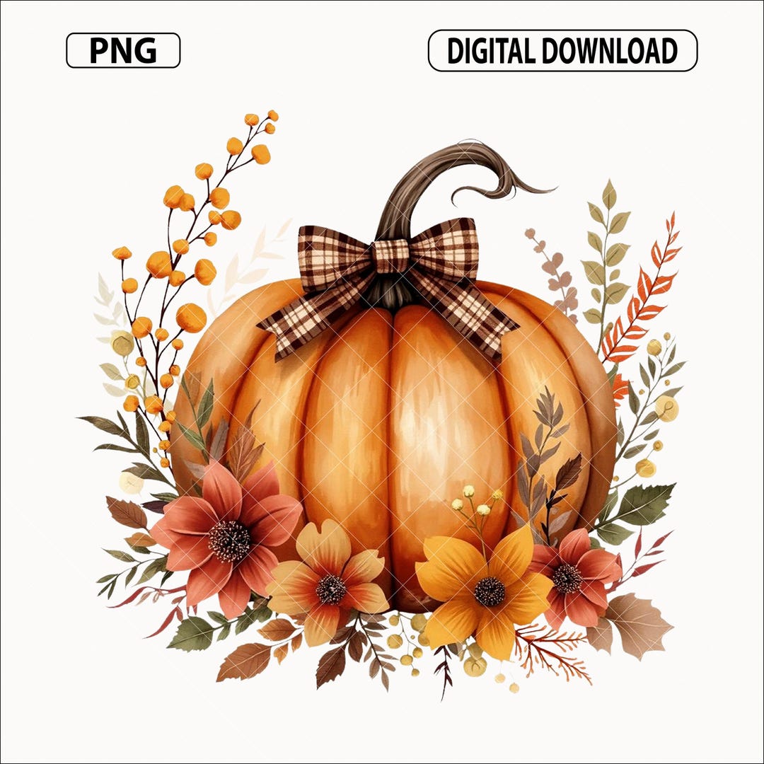 Boho Fall Pumpkin Bow PNG, Rustic Floral Pumpkin Clipart, Preppy Plaid ...