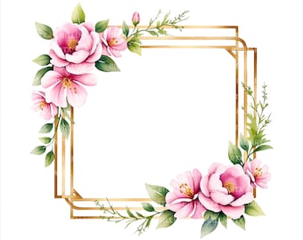 Cornice floreale dorata, bordi botanici ad acquerello, invito di matrimonio PNG (download digitale)