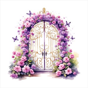 Fairytale Watercolor Clipart, Lilac Pink Gold Floral Gate, Enchanted Digital Art (Bundle)