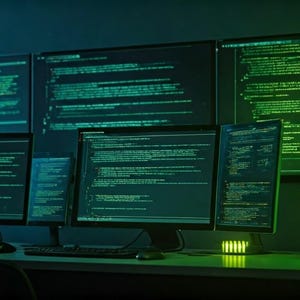 Peut inclure: Plusieurs écrans d'ordinateur affichent du code vert et des graphiques de données. Des claviers et une souris sont sur le bureau. La scène est éclairée d'une lumière bleu-vert froide, créant une atmosphère axée sur la technologie, possiblement un centre de données.