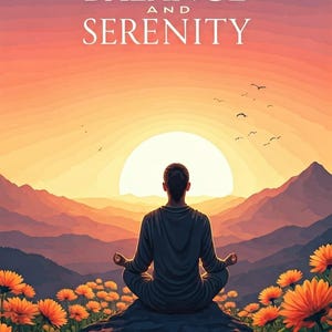 Op de afbeelding: Digitale kunstprint met een persoon die mediteert in een berglandschap bij zonsondergang. De afbeelding bevat de tekst "Balance and Serenity" en "A Radtc Ia Biubde For For A Fur Lplllling Lfe". Oranje bloemen staan op de voorgrond.