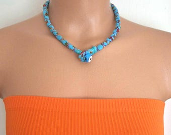 Blue Fabric Bead Necklace: Boho Evil Eye Choker, Summer Jewelry