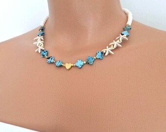 Starfish Beaded Choker: Blue Flower Stone & Crystal - Beach Boho