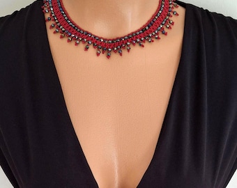 Red Beaded Choker Necklace: Handmade Crystal Boho Jewelry