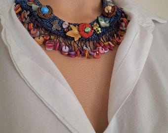 Handmade Dark Blue Oya Lace Necklace: Boho Crochet Stone Beadwork